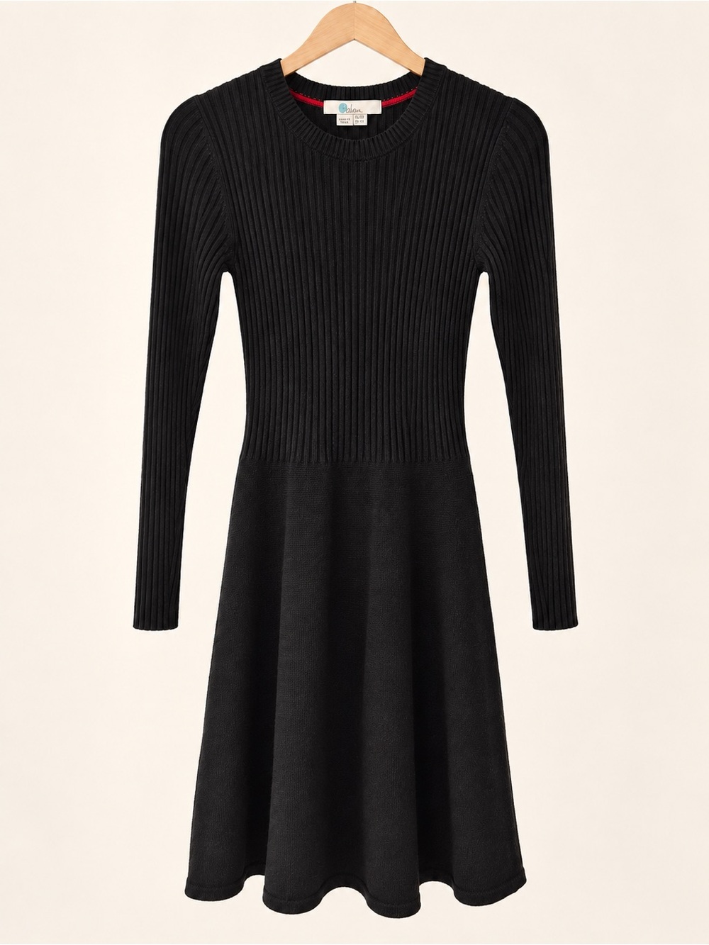 Boden Black Ribbed Knit Long-Sleeve Fit & Flare Dress